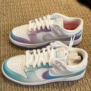 Nike Dunk Low White Sneakers with Teal and Purple Accents